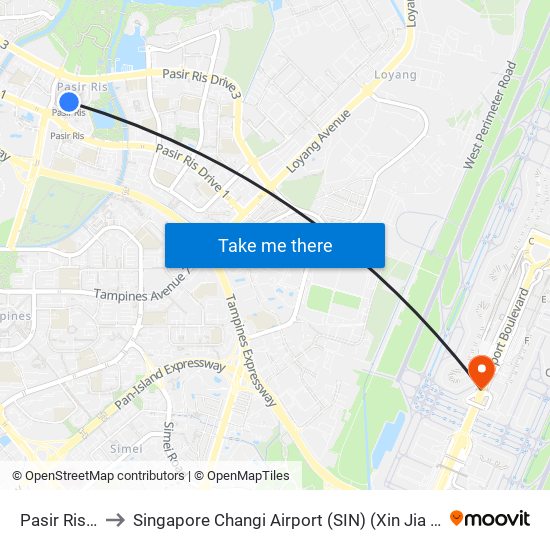Pasir Ris (EW1) to Singapore Changi Airport (SIN) (Xin Jia Po Zhang Yi Ji Chang) map