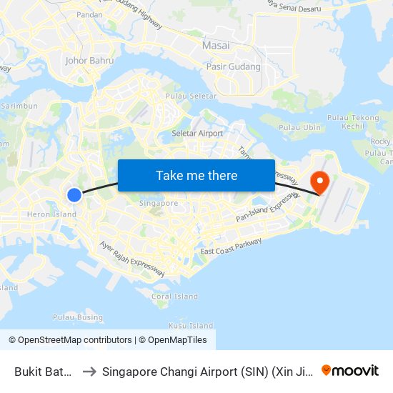 Bukit Batok (NS2) to Singapore Changi Airport (SIN) (Xin Jia Po Zhang Yi Ji Chang) map