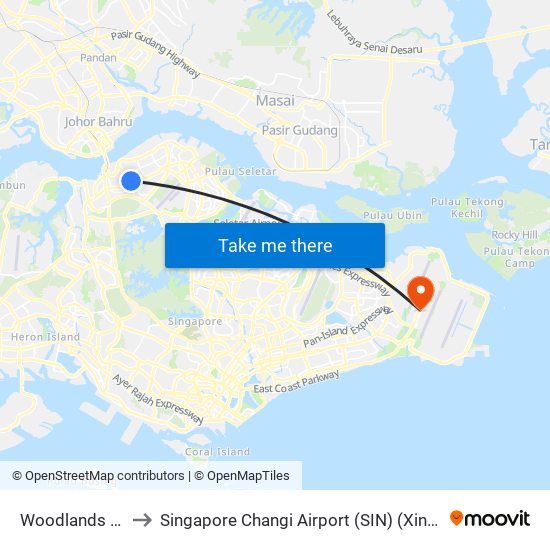 Woodlands (Ns9 | Te2) to Singapore Changi Airport (SIN) (Xin Jia Po Zhang Yi Ji Chang) map