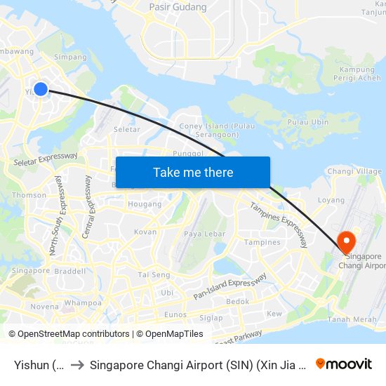 Yishun (NS13) to Singapore Changi Airport (SIN) (Xin Jia Po Zhang Yi Ji Chang) map