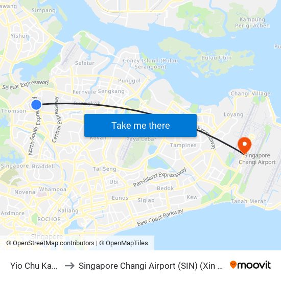 Yio Chu Kang (NS15) to Singapore Changi Airport (SIN) (Xin Jia Po Zhang Yi Ji Chang) map