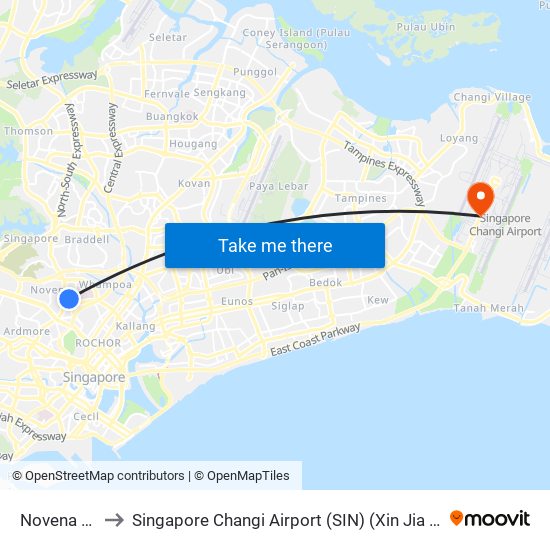 Novena (NS20) to Singapore Changi Airport (SIN) (Xin Jia Po Zhang Yi Ji Chang) map