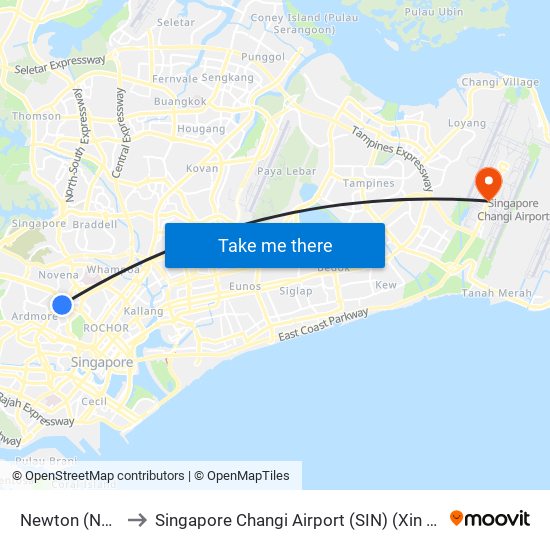 Newton (NS21|DT11) to Singapore Changi Airport (SIN) (Xin Jia Po Zhang Yi Ji Chang) map