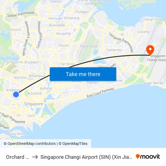 Orchard (NS22) to Singapore Changi Airport (SIN) (Xin Jia Po Zhang Yi Ji Chang) map