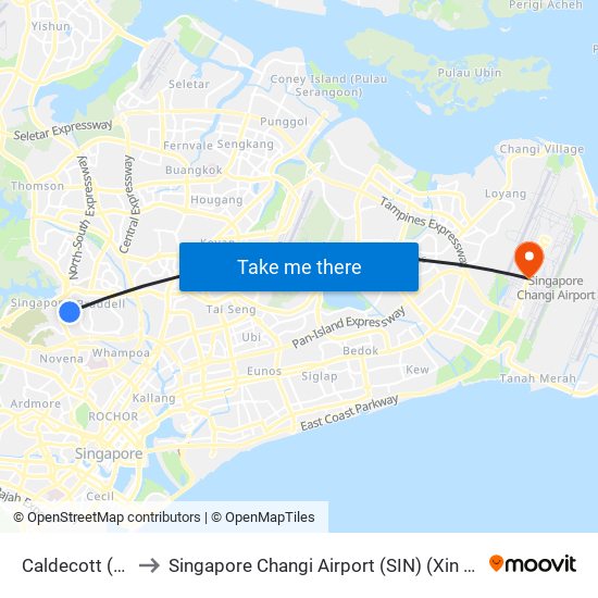 Caldecott (Cc17|Te9) to Singapore Changi Airport (SIN) (Xin Jia Po Zhang Yi Ji Chang) map