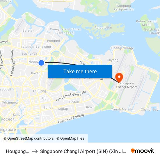 Hougang (NE14) to Singapore Changi Airport (SIN) (Xin Jia Po Zhang Yi Ji Chang) map