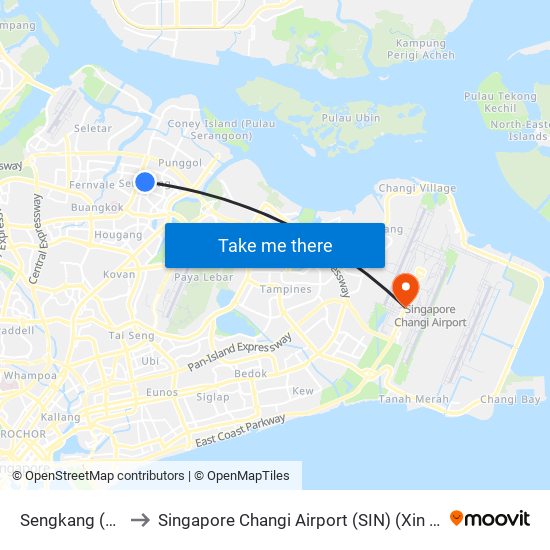 Sengkang (NE16|STC) to Singapore Changi Airport (SIN) (Xin Jia Po Zhang Yi Ji Chang) map