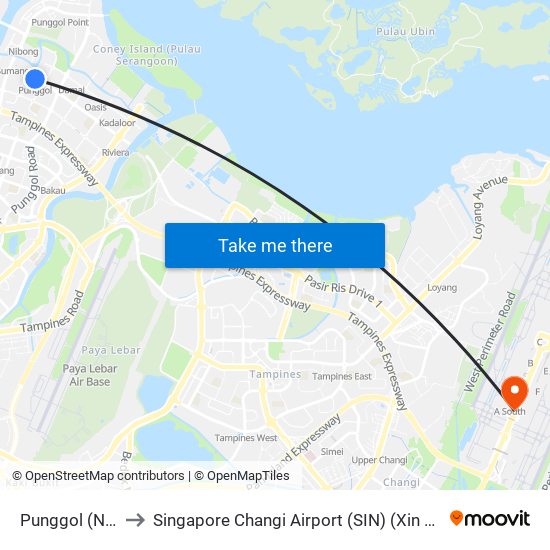 Punggol (NE17|PTC) to Singapore Changi Airport (SIN) (Xin Jia Po Zhang Yi Ji Chang) map