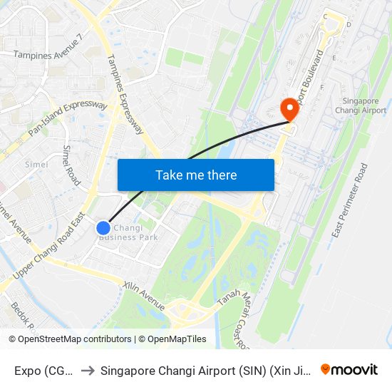 Expo (CG1|DT35) to Singapore Changi Airport (SIN) (Xin Jia Po Zhang Yi Ji Chang) map