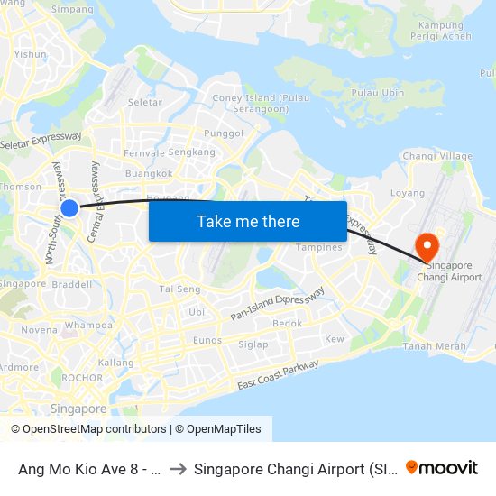 Ang Mo Kio Ave 8 - Ang Mo Kio Int (54009) to Singapore Changi Airport (SIN) (Xin Jia Po Zhang Yi Ji Chang) map