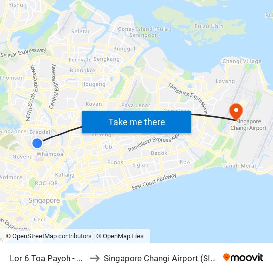 Lor 6 Toa Payoh - Toa Payoh Int (52009) to Singapore Changi Airport (SIN) (Xin Jia Po Zhang Yi Ji Chang) map