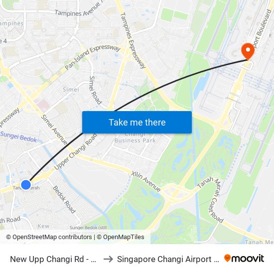New Upp Changi Rd - Tanah Merah Stn Exit A (85099) to Singapore Changi Airport (SIN) (Xin Jia Po Zhang Yi Ji Chang) map