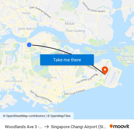 Woodlands Ave 3 - Opp Blk 402 (46499) to Singapore Changi Airport (SIN) (Xin Jia Po Zhang Yi Ji Chang) map