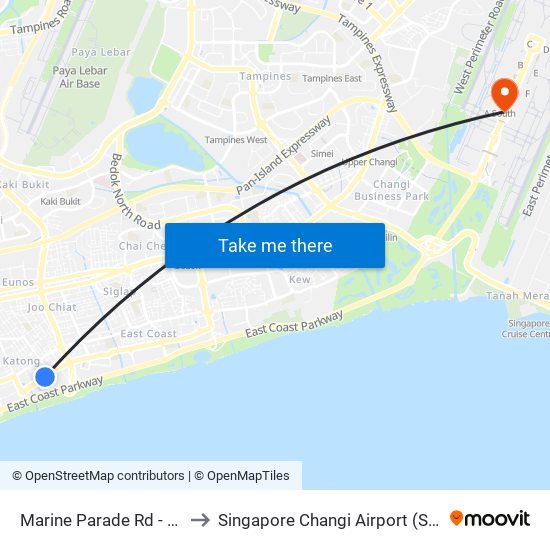 Marine Parade Rd - Parkway Parade (92049) to Singapore Changi Airport (SIN) (Xin Jia Po Zhang Yi Ji Chang) map