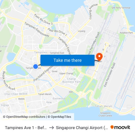 Tampines Ave 1 - Bef Tampines West Stn (75059) to Singapore Changi Airport (SIN) (Xin Jia Po Zhang Yi Ji Chang) map