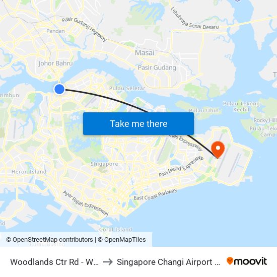 Woodlands Ctr Rd - W'Lands Train Checkpt (46069) to Singapore Changi Airport (SIN) (Xin Jia Po Zhang Yi Ji Chang) map