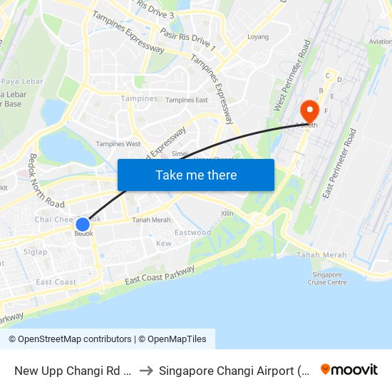 New Upp Changi Rd - Bedok Stn Exit B (84031) to Singapore Changi Airport (SIN) (Xin Jia Po Zhang Yi Ji Chang) map