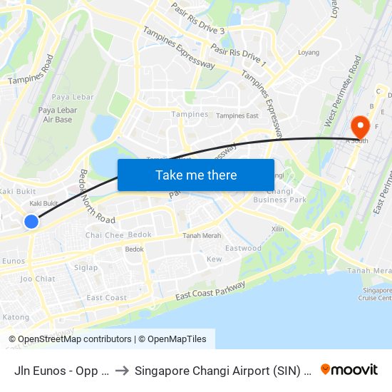 Jln Eunos - Opp Blk 322 (72019) to Singapore Changi Airport (SIN) (Xin Jia Po Zhang Yi Ji Chang) map