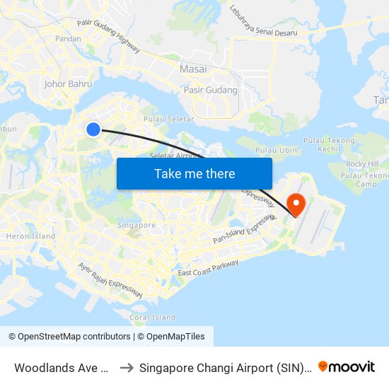 Woodlands Ave 2 - Blk 511 (46331) to Singapore Changi Airport (SIN) (Xin Jia Po Zhang Yi Ji Chang) map