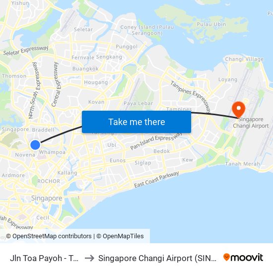Jln Toa Payoh - Trellis Twrs (52071) to Singapore Changi Airport (SIN) (Xin Jia Po Zhang Yi Ji Chang) map