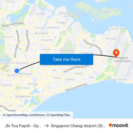 Jln Toa Payoh - Opp Trellis Twrs (52079) to Singapore Changi Airport (SIN) (Xin Jia Po Zhang Yi Ji Chang) map