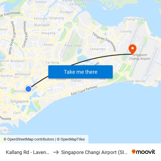 Kallang Rd - Lavender Stn Exit B (01311) to Singapore Changi Airport (SIN) (Xin Jia Po Zhang Yi Ji Chang) map