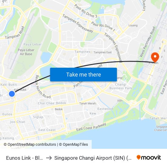 Eunos Link - Blk 637 (71091) to Singapore Changi Airport (SIN) (Xin Jia Po Zhang Yi Ji Chang) map