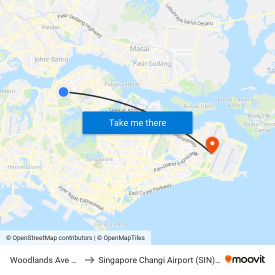 Woodlands Ave 3 - Blk 347 (46549) to Singapore Changi Airport (SIN) (Xin Jia Po Zhang Yi Ji Chang) map