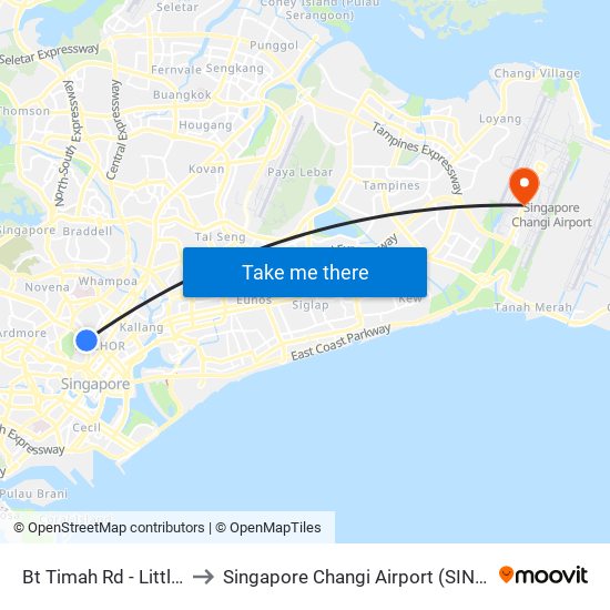 Bt Timah Rd - Little India Stn (40019) to Singapore Changi Airport (SIN) (Xin Jia Po Zhang Yi Ji Chang) map