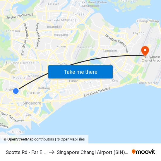 Scotts Rd - Far East Plaza (09219) to Singapore Changi Airport (SIN) (Xin Jia Po Zhang Yi Ji Chang) map