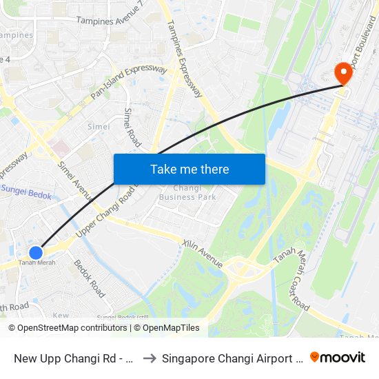 New Upp Changi Rd - Tanah Merah Stn Exit B (85091) to Singapore Changi Airport (SIN) (Xin Jia Po Zhang Yi Ji Chang) map