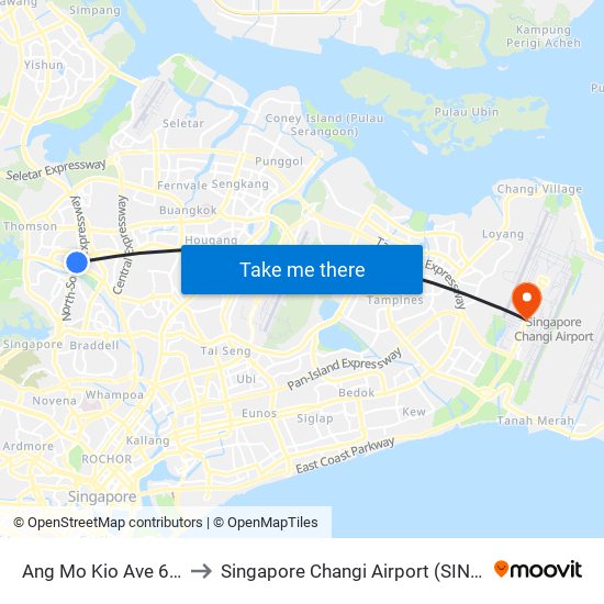 Ang Mo Kio Ave 6 - Blk 307a (54019) to Singapore Changi Airport (SIN) (Xin Jia Po Zhang Yi Ji Chang) map