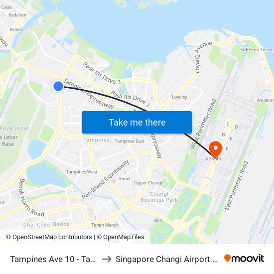 Tampines Ave 10 - Tampines Wafer Fab Pk (75351) to Singapore Changi Airport (SIN) (Xin Jia Po Zhang Yi Ji Chang) map