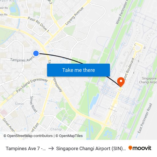 Tampines Ave 7 - Blk 497d (76241) to Singapore Changi Airport (SIN) (Xin Jia Po Zhang Yi Ji Chang) map