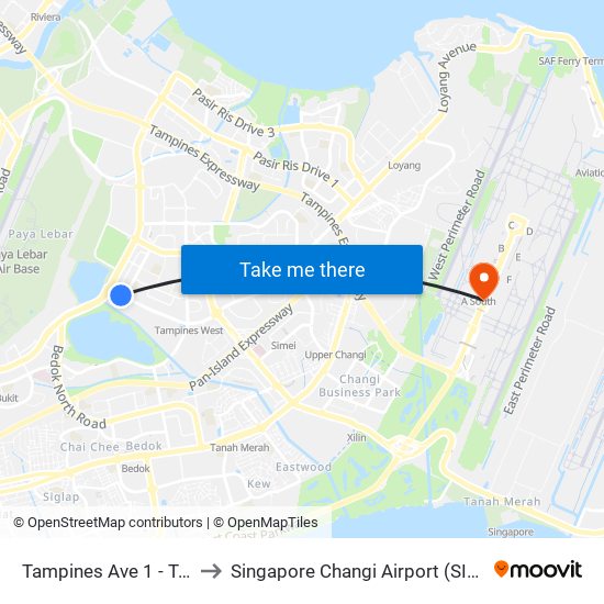 Tampines Ave 1 - Tropica Condo (75259) to Singapore Changi Airport (SIN) (Xin Jia Po Zhang Yi Ji Chang) map