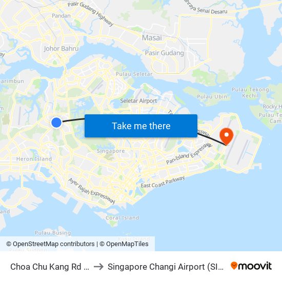 Choa Chu Kang Rd - Phoenix Stn (44141) to Singapore Changi Airport (SIN) (Xin Jia Po Zhang Yi Ji Chang) map