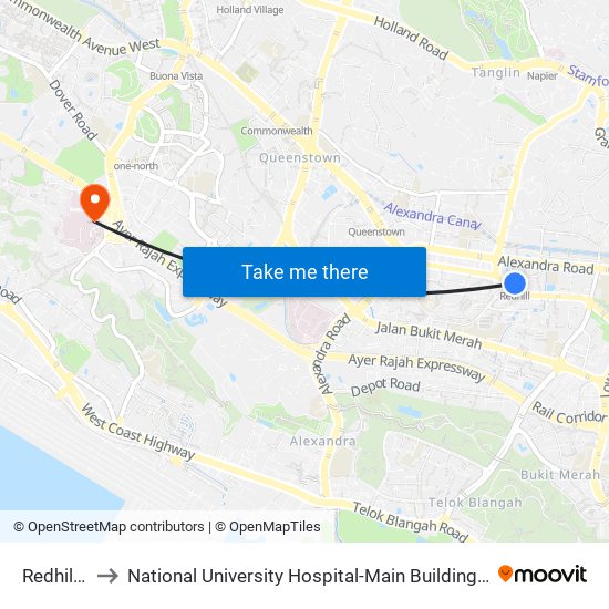 Redhill (EW18) to National University Hospital-Main Building Lobby B (NUH-Main Building Lobby B) map