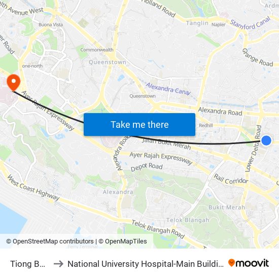 Tiong Bahru (EW17) to National University Hospital-Main Building Lobby B (NUH-Main Building Lobby B) map