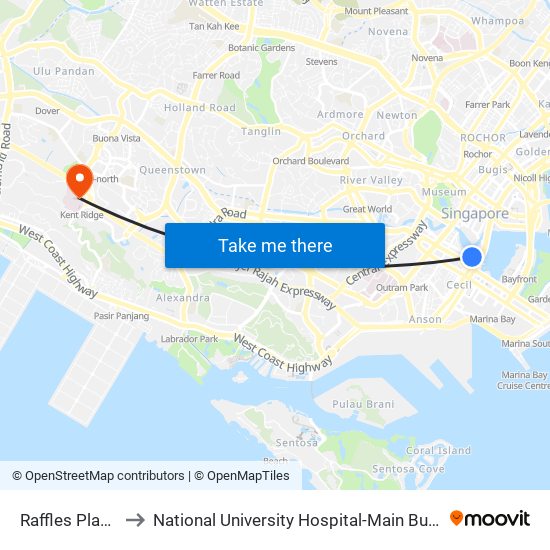 Raffles Place (EW14|NS26) to National University Hospital-Main Building Lobby B (NUH-Main Building Lobby B) map