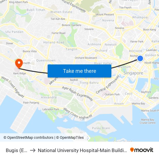 Bugis (EW12|DT14) to National University Hospital-Main Building Lobby B (NUH-Main Building Lobby B) map