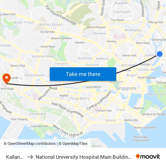 Kallang (EW10) to National University Hospital-Main Building Lobby B (NUH-Main Building Lobby B) map