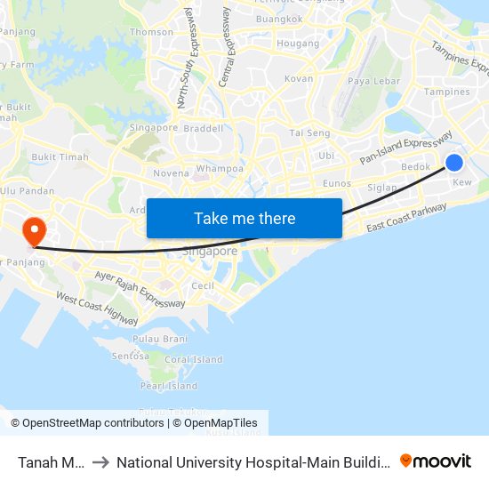 Tanah Merah (EW4) to National University Hospital-Main Building Lobby B (NUH-Main Building Lobby B) map