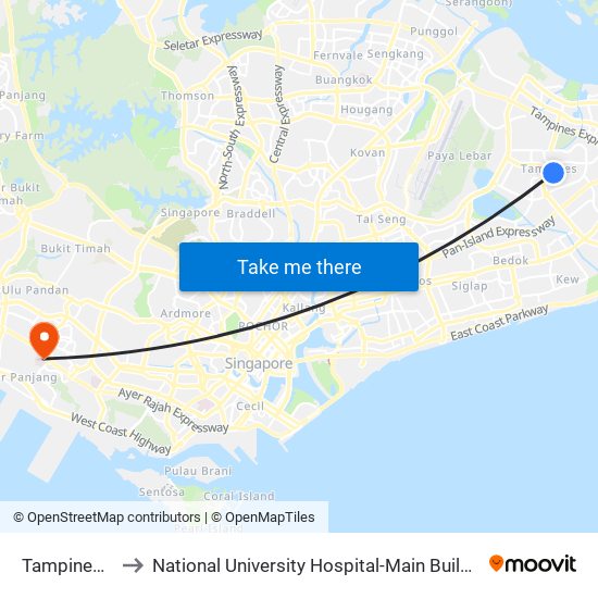 Tampines (DT32|EW2) to National University Hospital-Main Building Lobby B (NUH-Main Building Lobby B) map