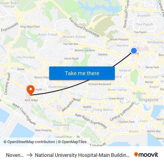 Novena (NS20) to National University Hospital-Main Building Lobby B (NUH-Main Building Lobby B) map