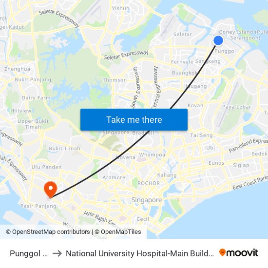 Punggol (NE17|PTC) to National University Hospital-Main Building Lobby B (NUH-Main Building Lobby B) map