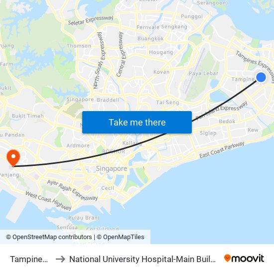 Tampines East (DT33) to National University Hospital-Main Building Lobby B (NUH-Main Building Lobby B) map