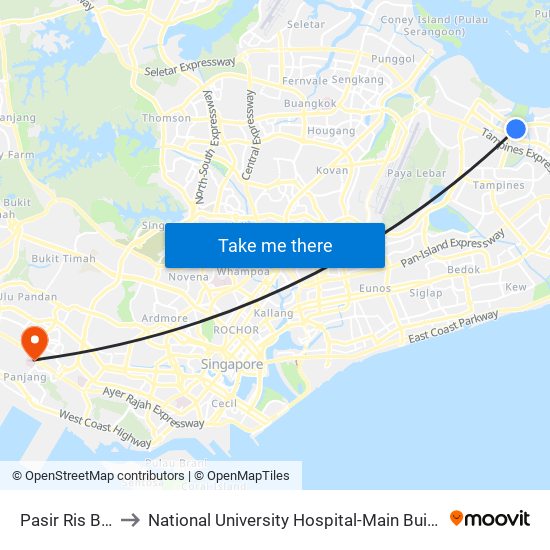 Pasir Ris Bus Interchange to National University Hospital-Main Building Lobby B (NUH-Main Building Lobby B) map