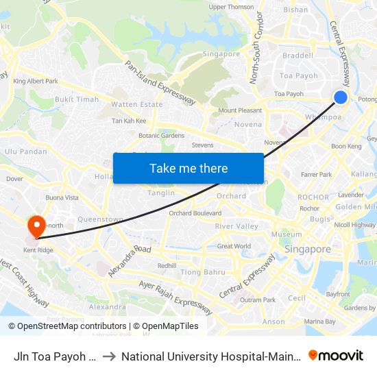 Jln Toa Payoh - Opp Blk 195 (52089) to National University Hospital-Main Building Lobby B (NUH-Main Building Lobby B) map