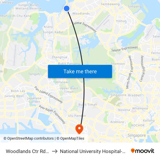 Woodlands Ctr Rd - W'Lands Train Checkpt (46069) to National University Hospital-Main Building Lobby B (NUH-Main Building Lobby B) map