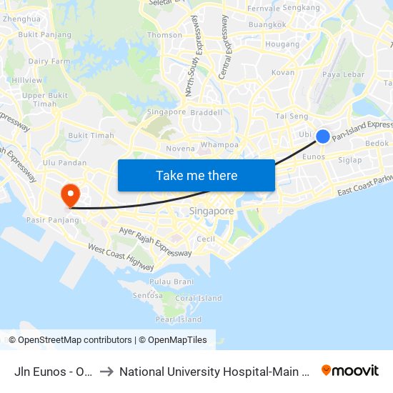 Jln Eunos - Opp Blk 322 (72019) to National University Hospital-Main Building Lobby B (NUH-Main Building Lobby B) map